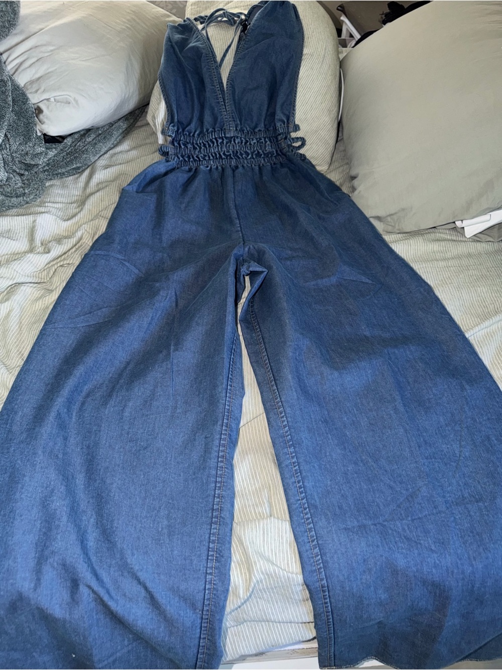 Denim Wide-Leg Jumpsuit - Blue